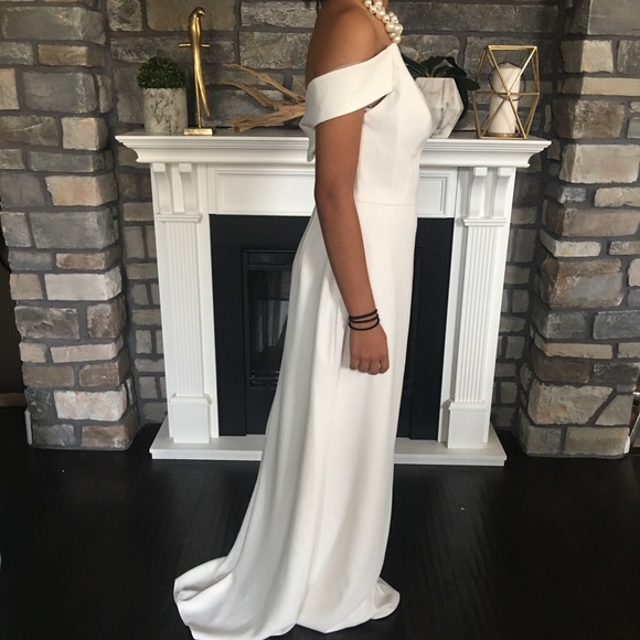 dessy collection off the shoulder crossback gown